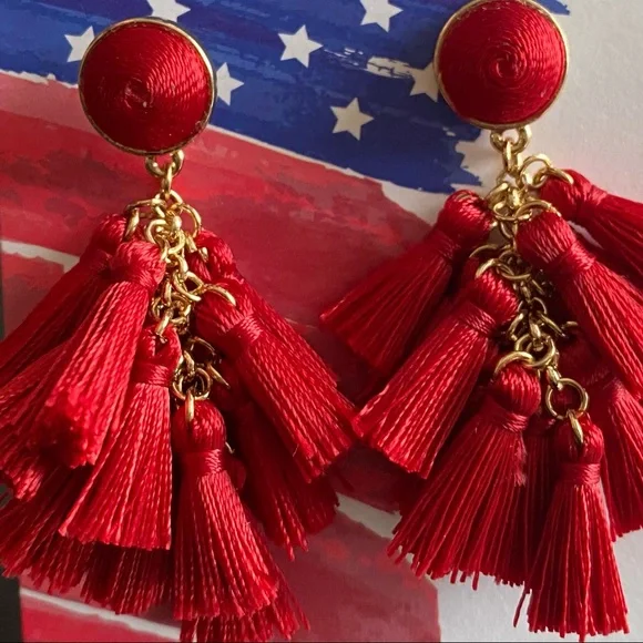 NWT Gorgeous RED Fabric TASSEL Dangle EARRINGS - Picture 2 of 3